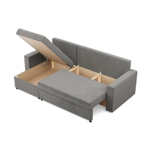 Zeus sarokkanapé, 2 ágyneműtartóval, egyenes kartámasz, bársony, univerzális oldal, hab töltet, világosszürke