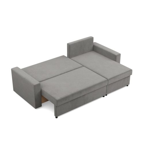 Zeus sarokkanapé, 2 ágyneműtartóval, egyenes kartámasz, bársony, univerzális oldal, hab töltet, világosszürke