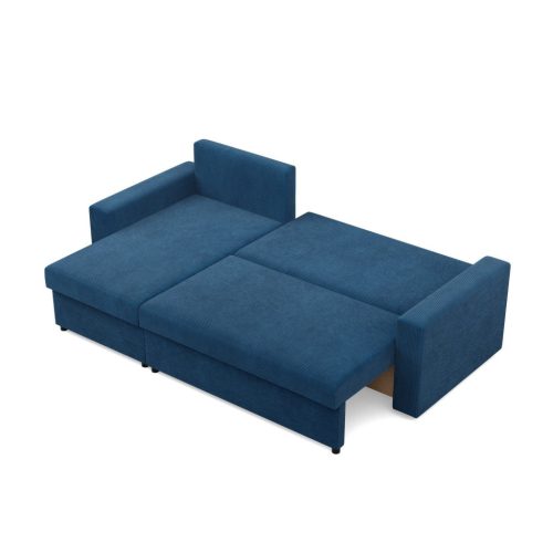 Zeus sarokkanapé, 2 ágyneműtartóval, egyenes kartámasz, kordbársony, univerzális oldal, bonell töltet, kék