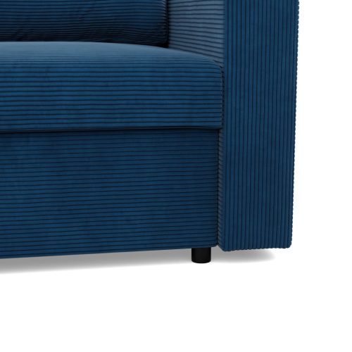 Zeus sarokkanapé, 2 ágyneműtartóval, egyenes kartámasz, kordbársony, univerzális oldal, bonell töltet, kék