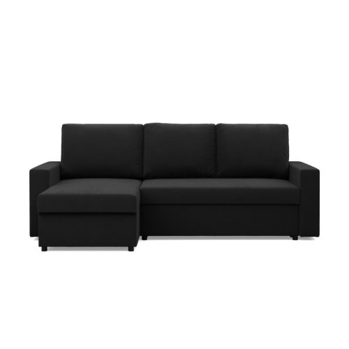 Zeus sarokkanapé, 2 ágyneműtartóval, egyenes kartámasz, szövet anyag, univerzális oldal, bonell töltet, fekete