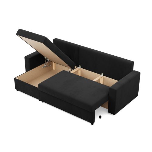 Zeus sarokkanapé, 2 ágyneműtartóval, egyenes kartámasz, szövet anyag, univerzális oldal, bonell töltet, fekete