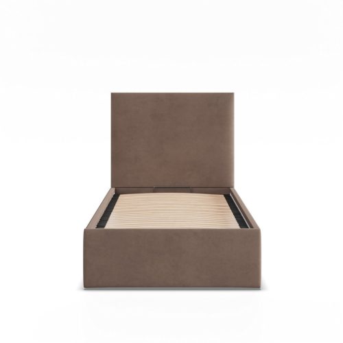 Paola egyszemélyes ágykeret (matrac nélkül), ágyneműtartóval, bársony, barna