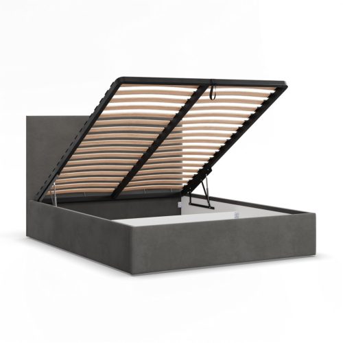 Polla kétszemélyes ágykeret (matrac nélkül), ágyneműtartóval, bársony, 160 x 200, sötétszürke 