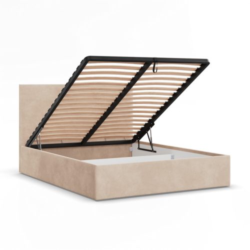 Polla kétszemélyes ágykeret (matrac nélkül), ágyneműtartóval, bársony, 180 x 200, bézs