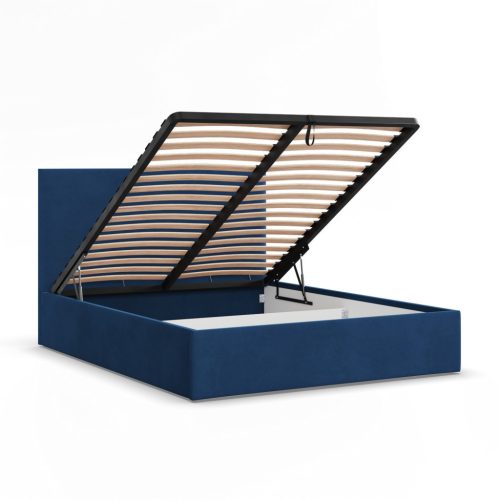 Soria kétszemélyes ágykeret (matrac nélkül), ágyneműtartóval, bársony, 140 x 200, kék