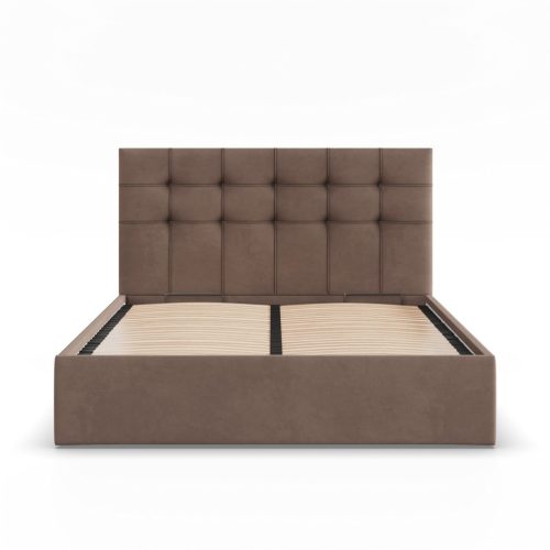 Soria kétszemélyes ágykeret (matrac nélkül), ágyneműtartóval, bársony, 180 x 200, barna