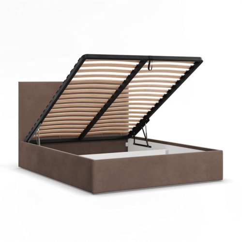 Soria kétszemélyes ágykeret (matrac nélkül), ágyneműtartóval, bársony, 180 x 200, barna