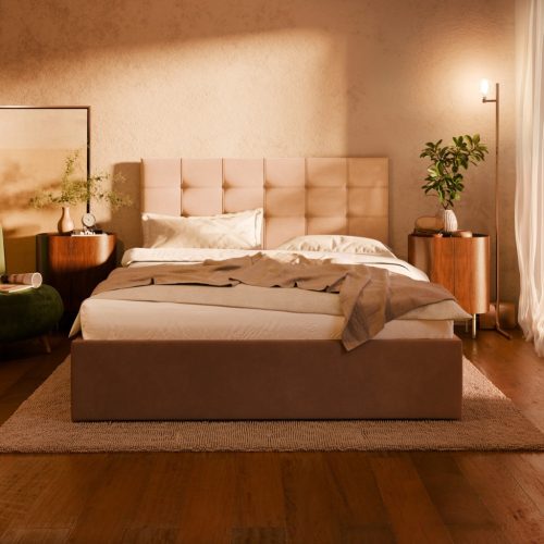 Soria kétszemélyes ágykeret (matrac nélkül), ágyneműtartóval, szövet, 140 x 200, bézs