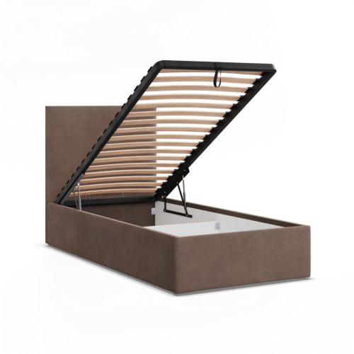 Vasto egyszemélyes ágykeret (matrac nélkül), ágyneműtartóval, bársony, barna