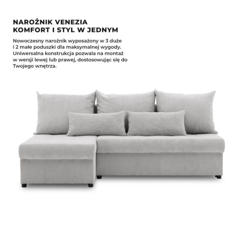 Venezia sarokkanapé, 3 ágyneműtartóval, kordbársony, univerzális oldal, hab töltet, szürke