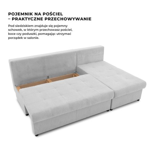 Venezia sarokkanapé, 3 ágyneműtartóval, kordbársony, univerzális oldal, hab töltet, szürke