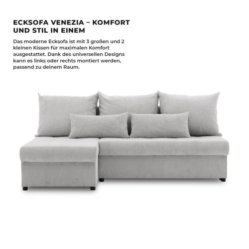 Venezia sarokkanapé, 3 ágyneműtartóval, kordbársony, univerzális oldal, hab töltet, szürke