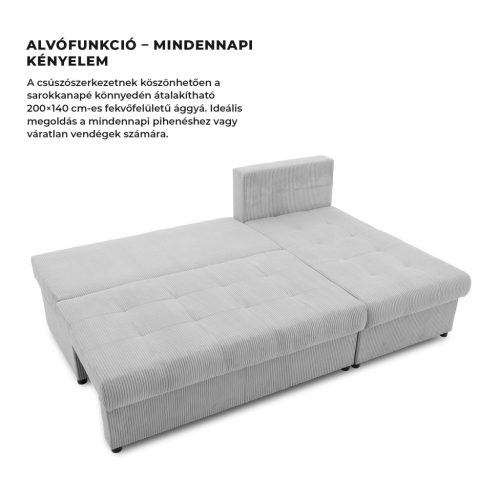 Venezia sarokkanapé, 3 ágyneműtartóval, kordbársony, univerzális oldal, hab töltet, szürke