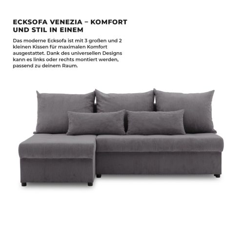 Venezia sarokkanapé, kordbársony, univerzális oldal, bonell töltet, szürke 