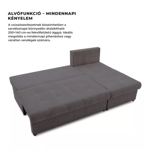 Venezia sarokkanapé, kordbársony, univerzális oldal, hab töltet, szürke 