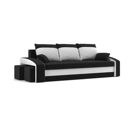 HEWLET kanapéágy 2 db puffal, normál szövet, hab töltőanyag, bal oldali puff tároló, fekete / fehér