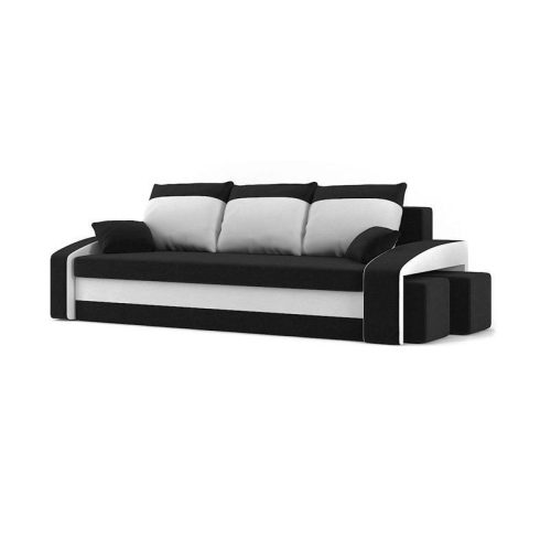 Monviso kanapéágy 2 db puffal, normál szövet, hab töltőanyag, jobb oldali puff tároló, fekete / fehér