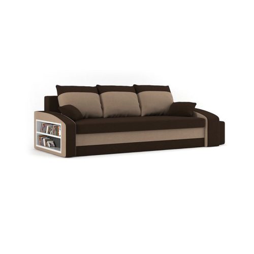 HEWLET kanapéágy polccal és 2 db puffal, normál szövet, hab töltőanyag, bal oldali polc, jobb oldali puff tároló, barna / cappuccino