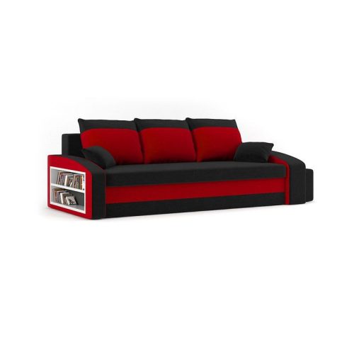 HEWLET kanapéágy polccal és 2 db puffal, normál szövet, hab töltőanyag, bal oldali polc, jobb oldali puff tároló, fekete / piros