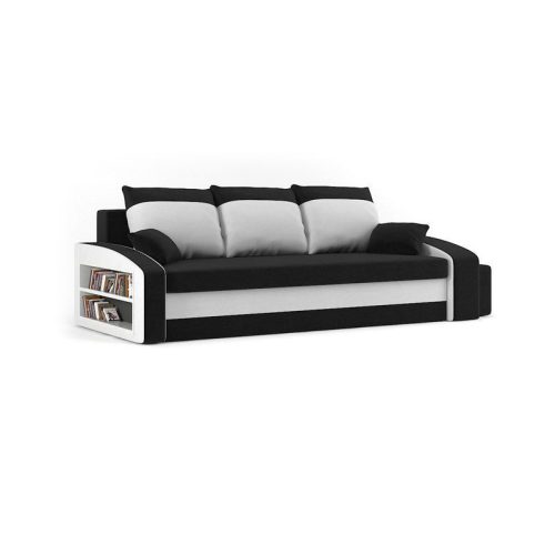 Monviso kanapéágy polccal és 2 db puffal, normál szövet, hab töltőanyag, bal oldali polc, jobb oldali puff tároló, fekete / fehér