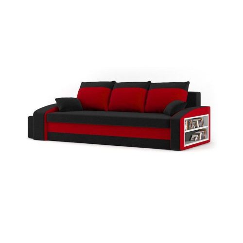 Monviso kanapéágy polccal és 2 db puffal, normál szövet, hab töltőanyag, jobb oldali polc, bal oldali puff tároló, fekete / piros