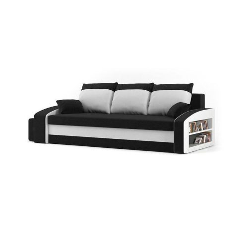 HEWLET kanapéágy polccal és 2 db puffal, normál szövet, hab töltőanyag, jobb oldali polc, bal oldali puff tároló, fekete / fehér