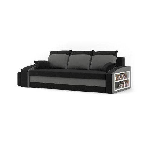 Monviso kanapéágy polccal és 2 db puffal, normál szövet, hab töltőanyag, jobb oldali polc, bal oldali puff tároló, fekete / szürke