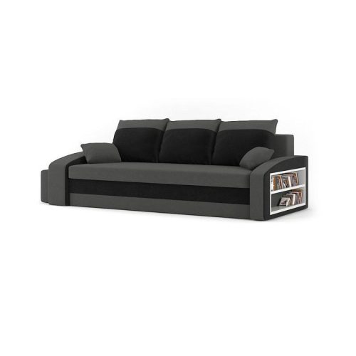 HEWLET kanapéágy polccal és 2 db puffal, normál szövet, hab töltőanyag, jobb oldali polc, bal oldali puff tároló, szürke / fekete
