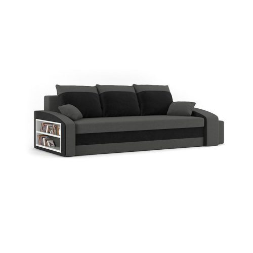 Monviso kanapéágy polccal és 2 db puffal, PRO szövet, bonell rugóval, bal oldali polc, jobb oldali puff tároló, szürke / fekete
