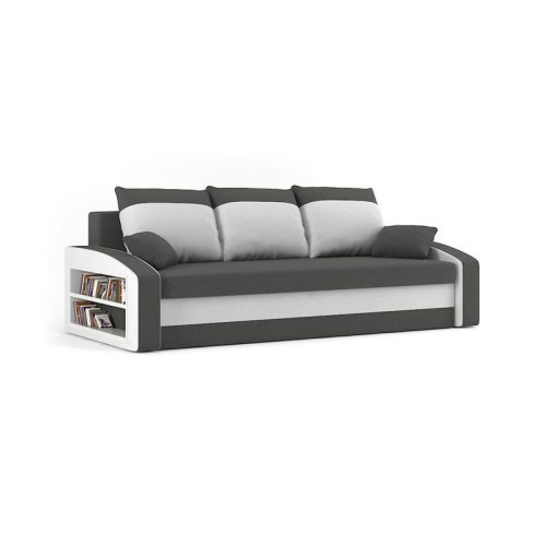 HEWLET kanapéágy polccal, normál szövet, hab töltőanyag, bal oldali polc, szürke / fehér