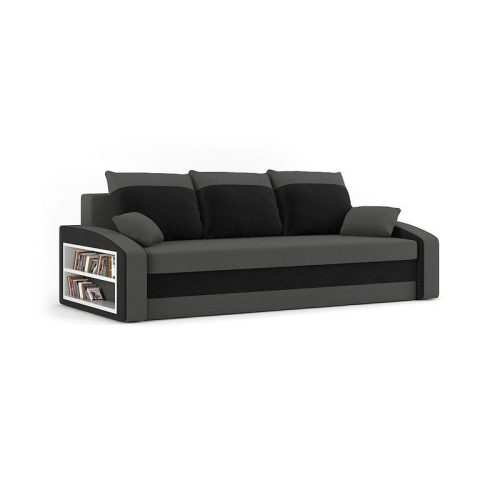 HEWLET kanapéágy polccal, normál szövet, hab töltőanyag, bal oldali polc, szürke / fekete