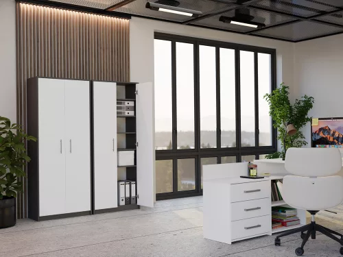 Oliv 2D könyvespolc, irodai szekrény, 74x180x35 cm, antracit-fehér