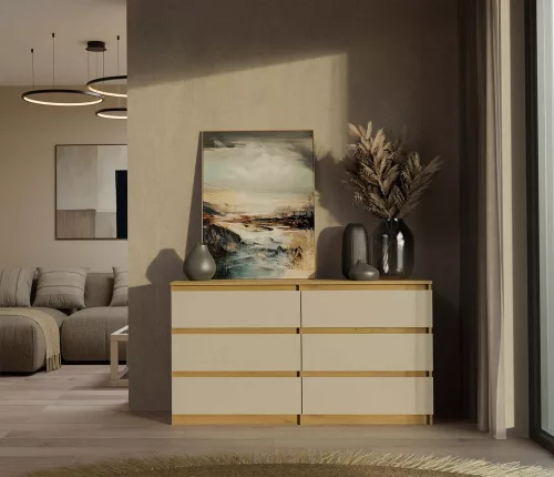 M6 140 fiókos szekrény, 138x75x40 cm, tölgy-kasmír