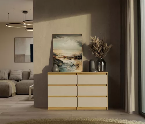 M6 120 fiókos szekrény, 120x75x30 cm, tölgy-kasmír