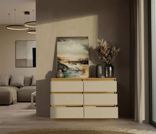 M6 120 fiókos szekrény, 120x75x30 cm, tölgy-kasmír